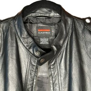 Castro Genuine Leather Jacket Moto Leather Jacket Zip Banded Collar